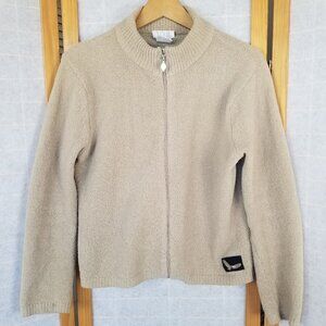 Zip Up Cardigan Sweater Short Khaki Terry Cloth Size Medium